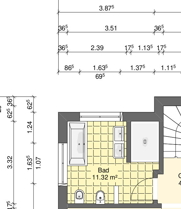 Floor plan of a bathroom: bathtub on the left, two sinks on the right, toilet at the bottom, yellow floor.