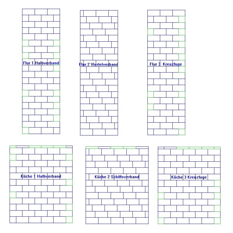 Diagrammatic representation of different masonry bonds in hallway and kitchen areas