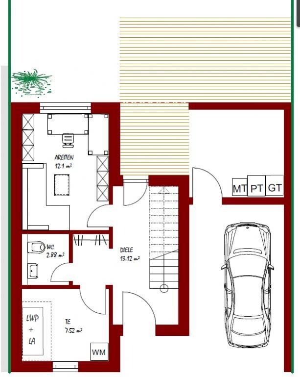 Ground floor plan: work area, hallway, WC, stairs, garage with car.