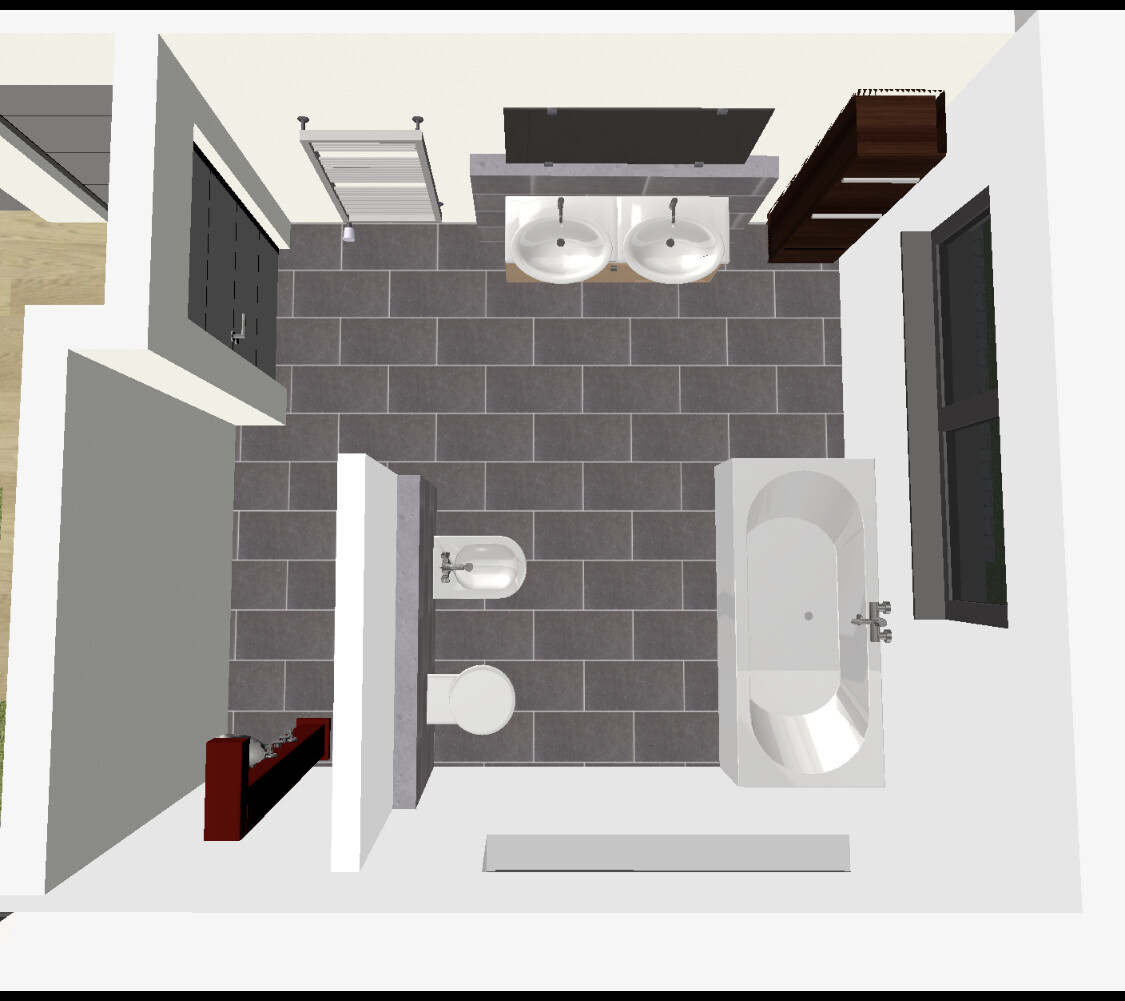 Top view of a bathroom from above: double sink, bathtub, toilet, bidet, window