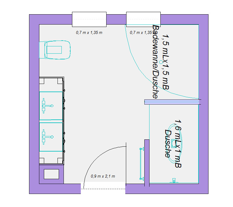 Floor plan of a bathroom with shower, bathtub, sink, and doors