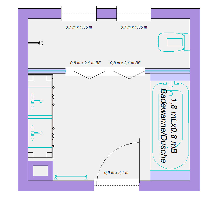 2D floor plan of an apartment with kitchen on the left, bathroom on the right, entrance at the bottom, bathtub visible