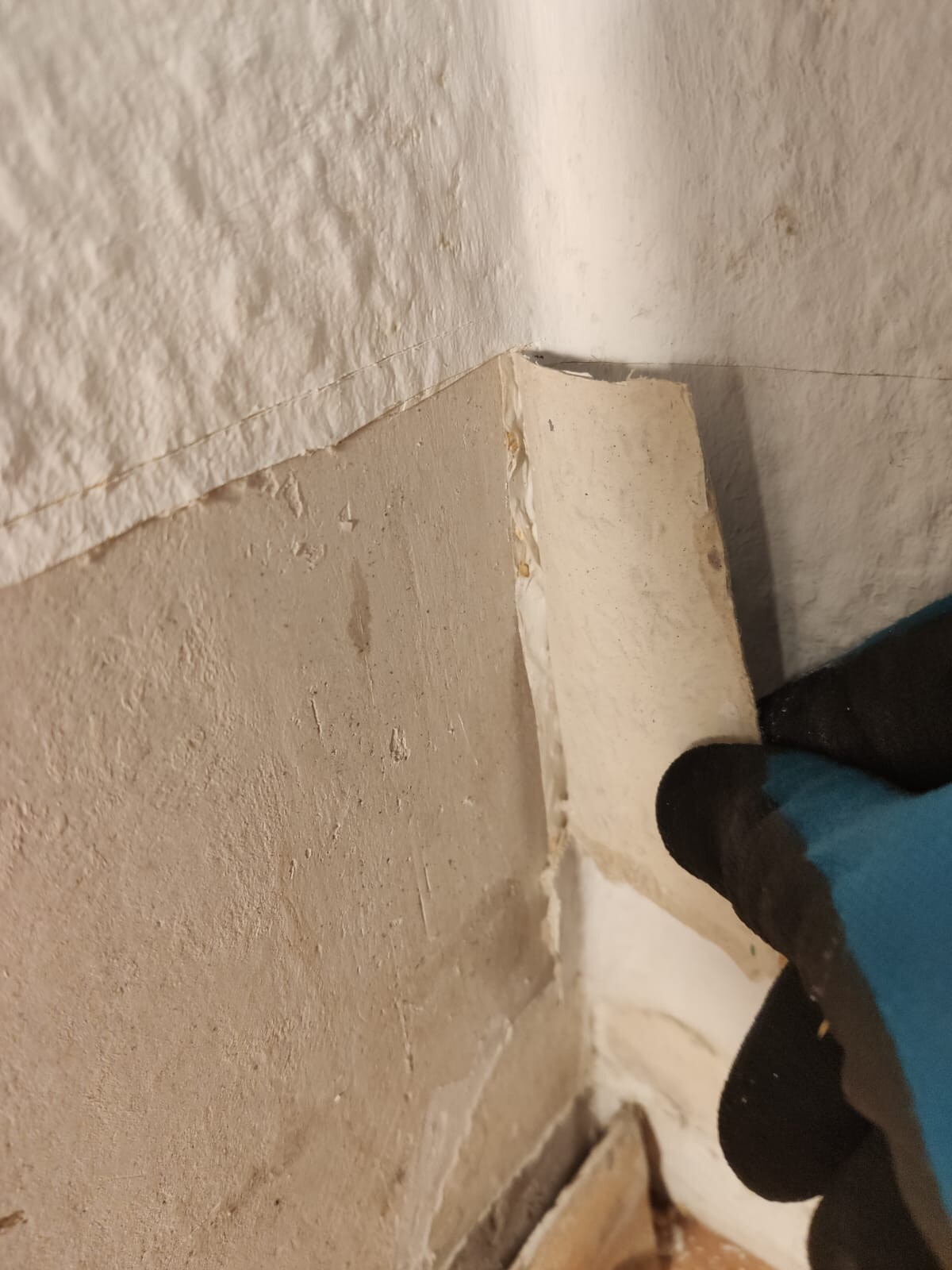 Close-up of damaged interior corner with flaking plaster and blue glove