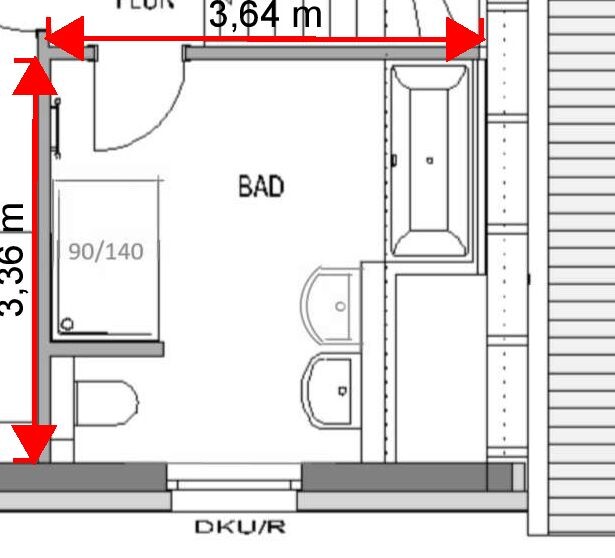 Badezimmer-Grundriss: Badewanne rechts, zwei Waschbecken, Toilette links.