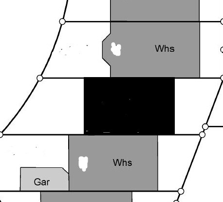 2D floor plan of a building plot with building areas, garage and pathways