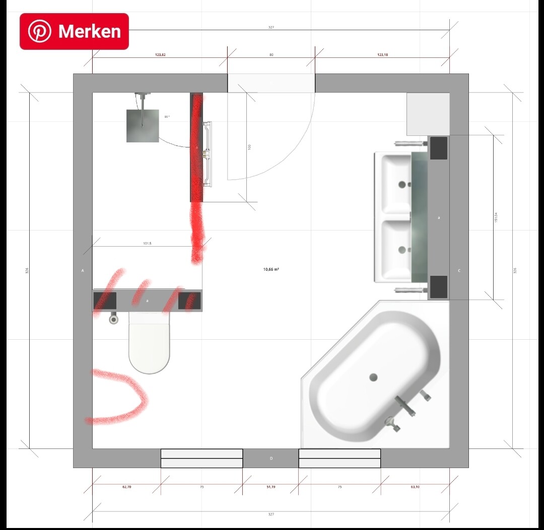 Grundriss eines Badezimmers mit Badewanne, Toilette und Waschbecken; rote Markierungen