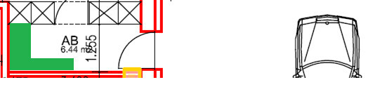 2D floor plan of an interior space with red walls, door opening, and green highlighted area