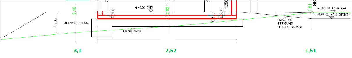 Technical drawing of a site profile with driveway to the garage, dimensions and elevation details.