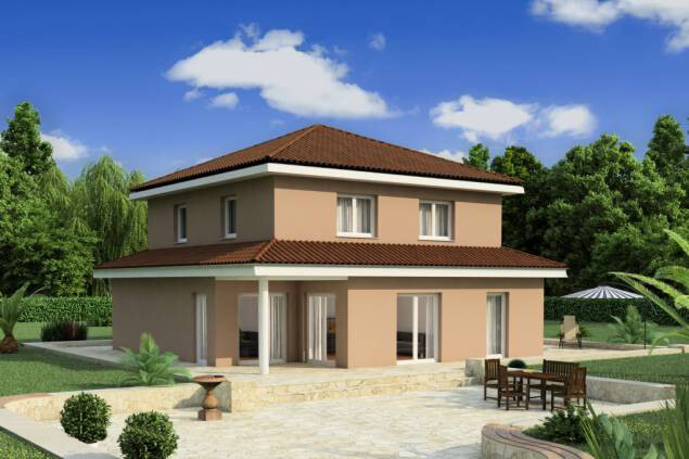 Two-story beige house with red tile roof, terrace, and garden.