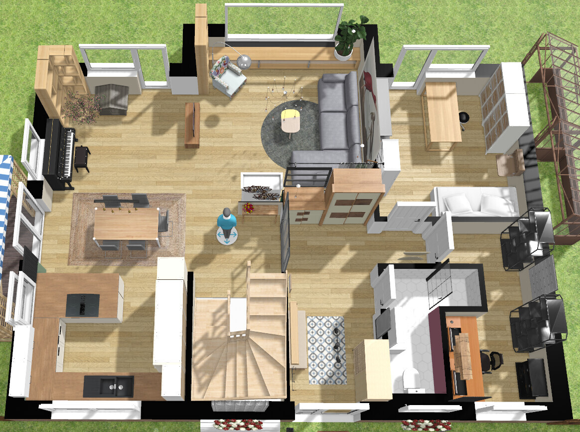 3D house model with open floor plan: living room, kitchen, and bedroom