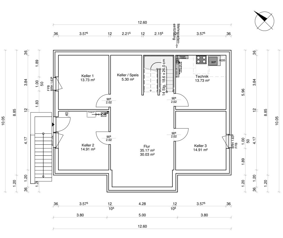 Basement floor plan with corridor, technical room, and three cellar rooms
