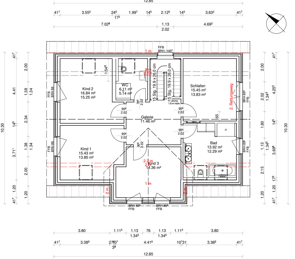 2D house floor plan with bedrooms, children’s rooms, bathroom, and corridor