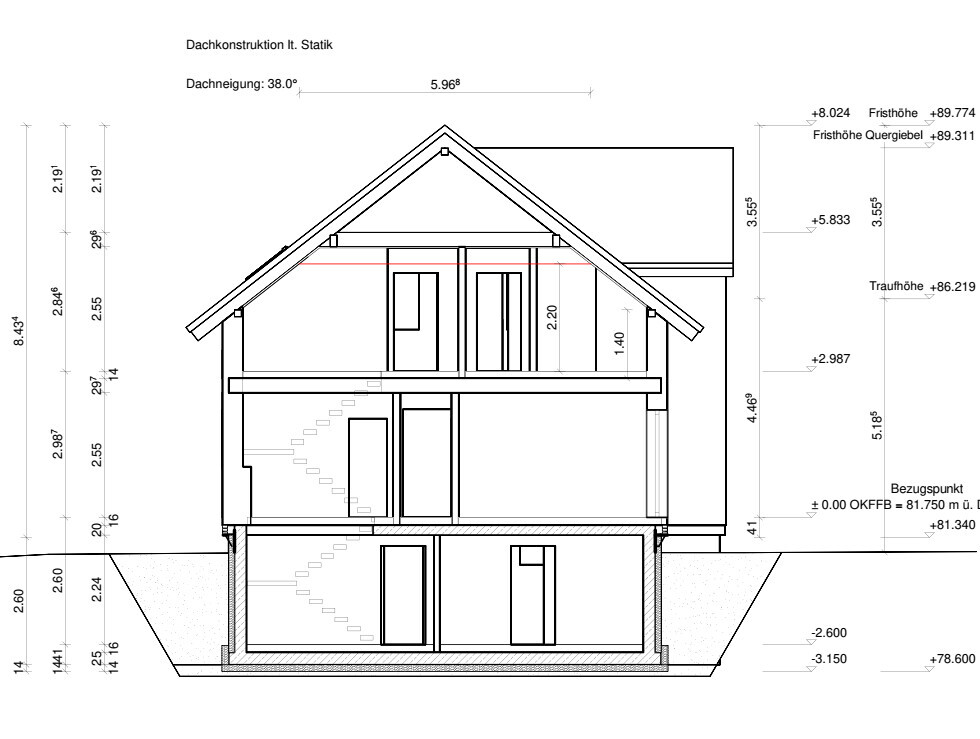 Section through a multi-story house showing stairwell, roof structure, windows, and foundations