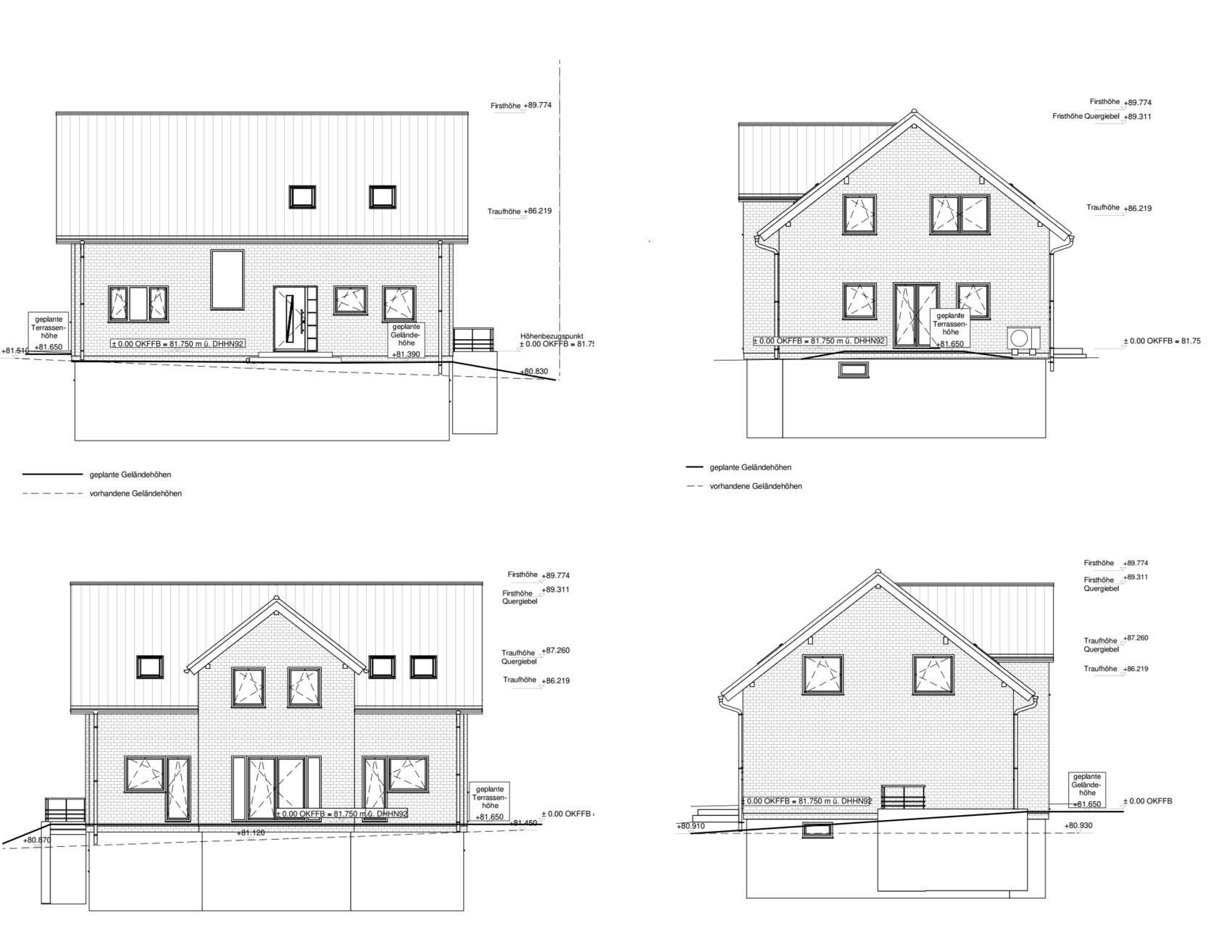 Four views of a two-story brick house with pitched roof, windows, doors, and terrace.