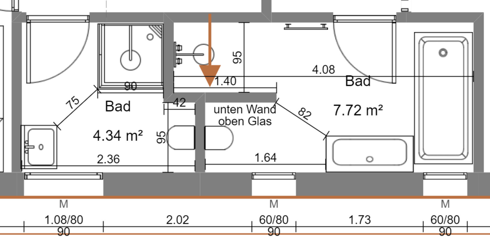 Floor plan of a bathroom: bathtub on the right, toilet in the middle, shower on the left.