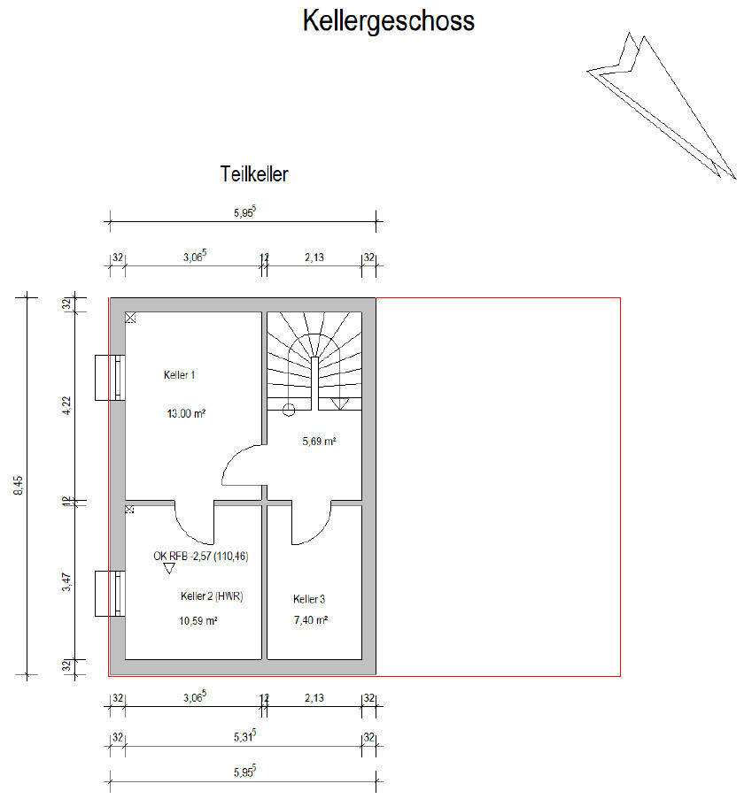 Basement floor plan with three basement rooms, stairs and walls.