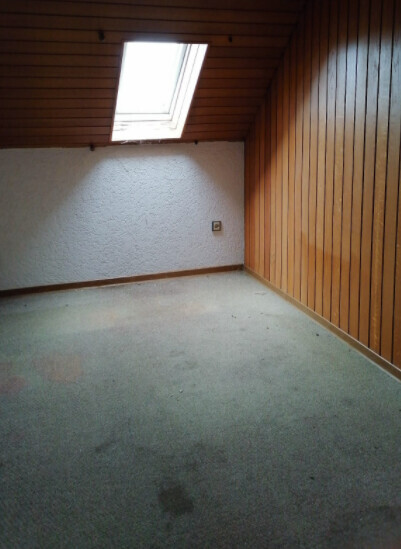 Empty attic room with wood paneling, roof window, and gray carpet.