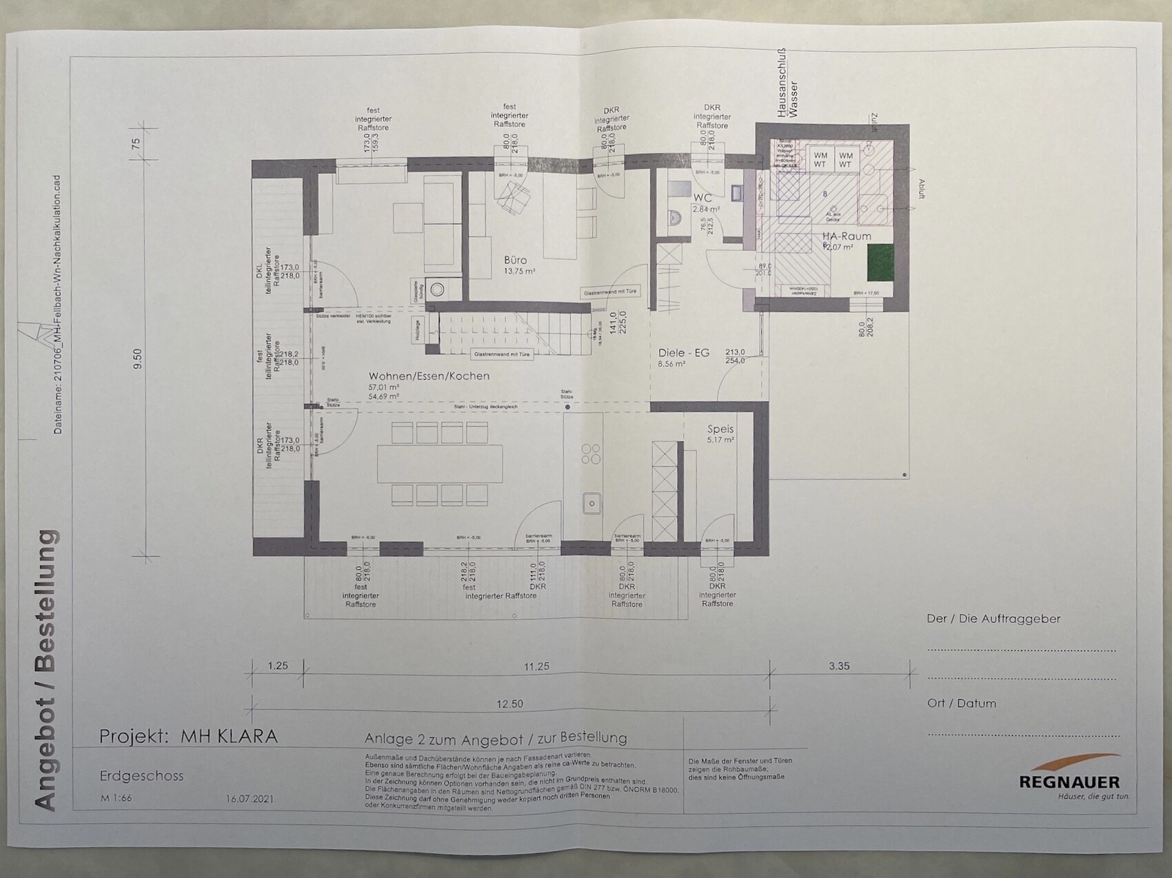 Ground floor plan of a house: living, dining and kitchen area, office, hallway, pantry, utility room.
