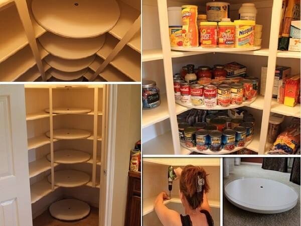 Kitchen pantry shelves with canisters and stacked plates in cabinets