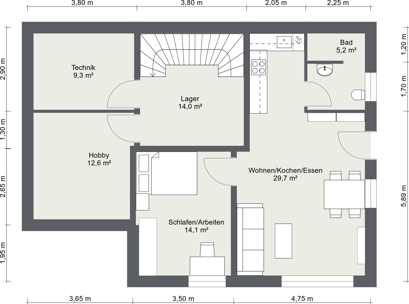 Floor plan of a house: rooms for living/cooking/dining, sleeping/working, hobby, storage, technical room and bathroom.