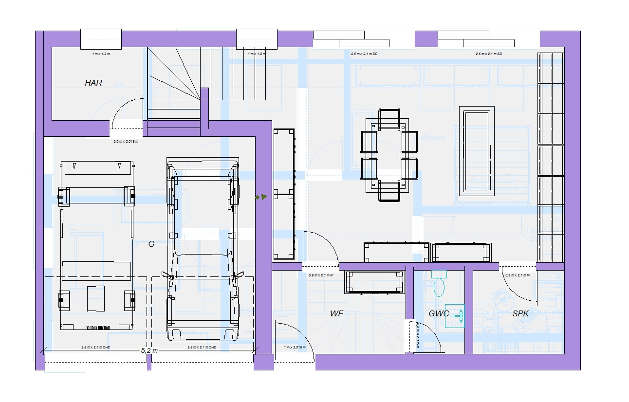 Grundriss eines Gebäudes: Räume, Türen, Treppen, Möbel und Auto in der Garage; violette Wände.