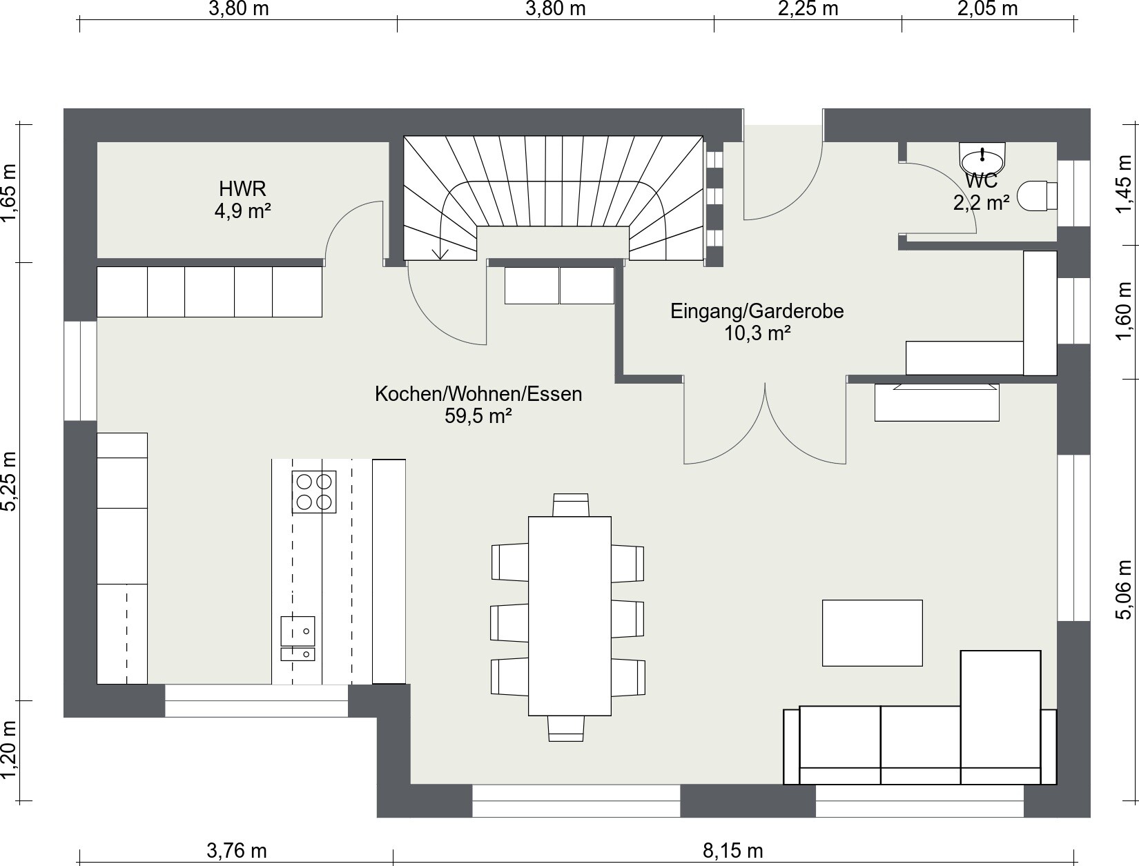 Floor plan of an open living, cooking and dining area with dining table, sofa, stairs, utility room, WC, and cloakroom.