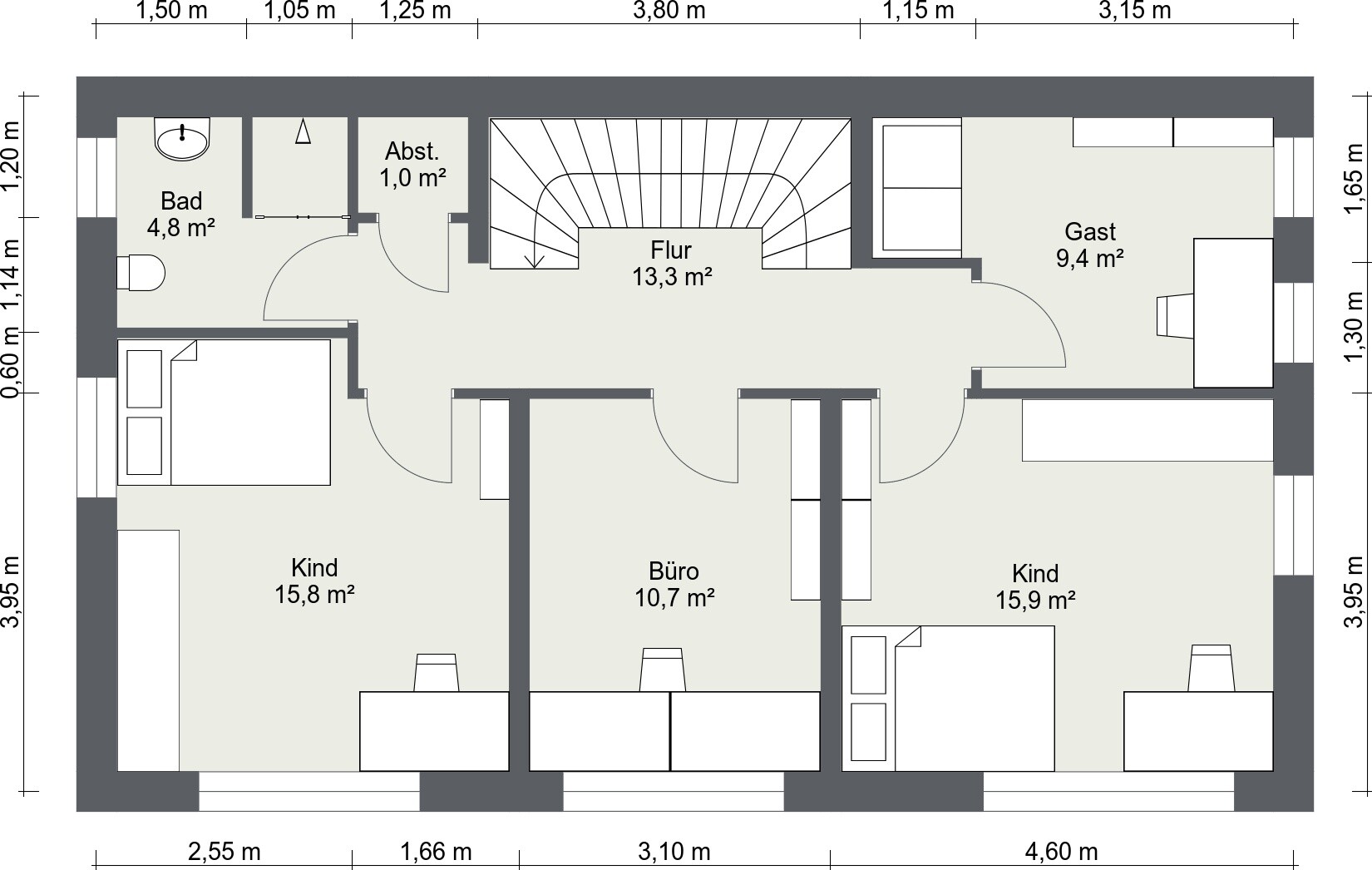 Floor plan of an upper floor with hallway, bathroom, storage room, office, guest room and two children’s rooms.