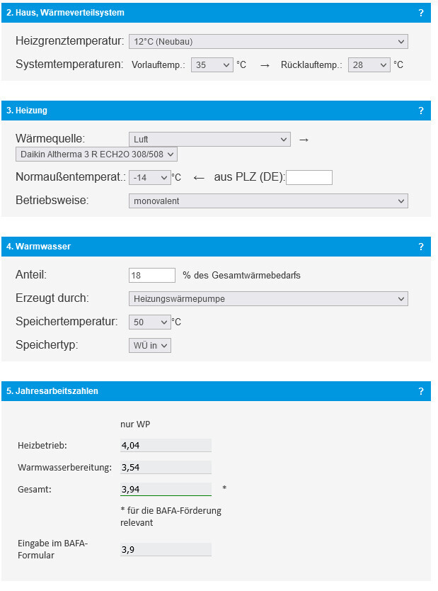 Screenshot: Daikin Altherma air-source heat pump, flow temperature 35°C (95°F), return temperature 28°C (82°F), domestic hot water share 18%.