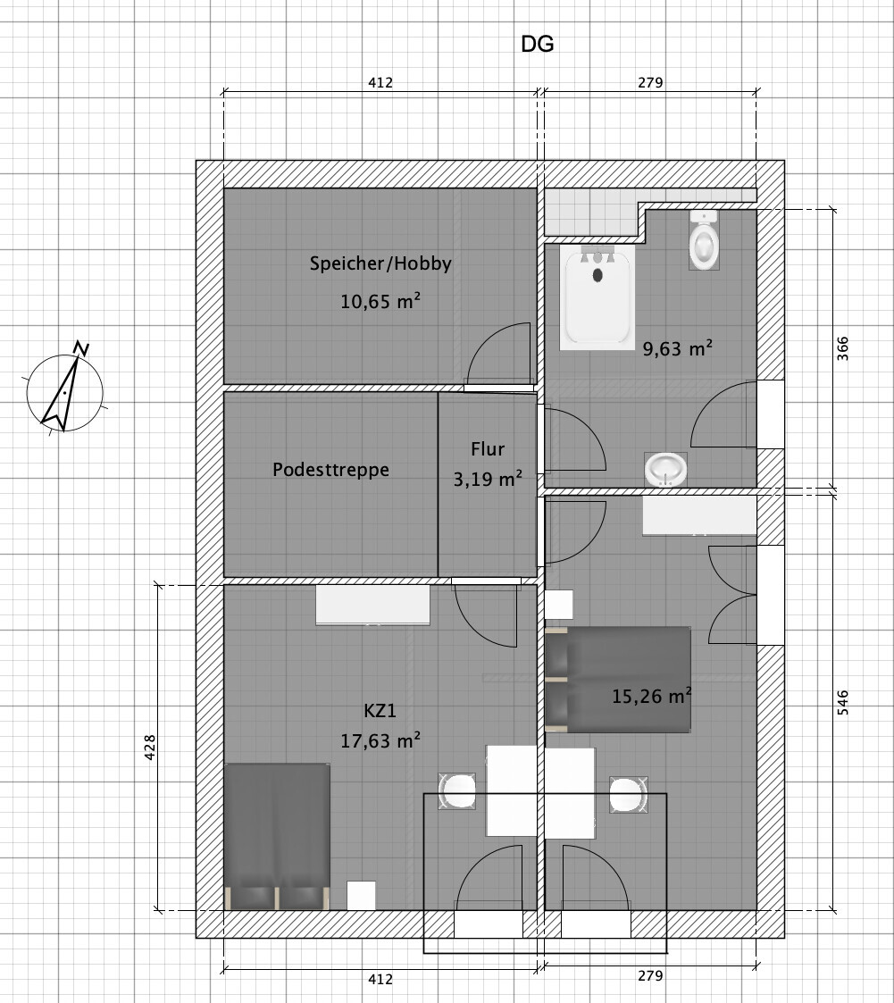 Attic Floor plan: storage/hobby room, children’s room 1 + staircase landing, room 15.26 m² (164 sq ft), bathroom 9.63 m² (104 sq ft), hallway 3.19 m² (34 sq ft).