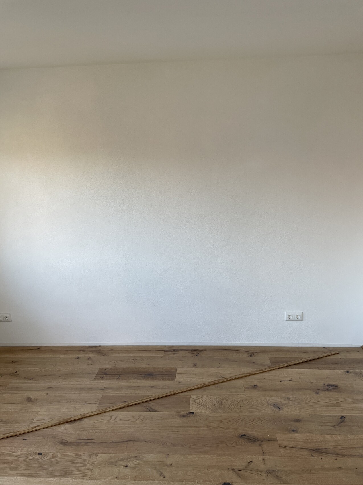Empty room with white wall, wooden floor, diagonal wooden floorboard, and sockets on the wall.