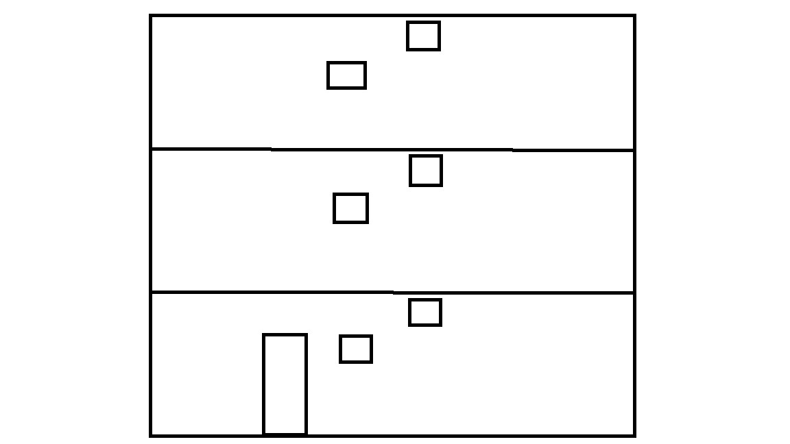Simple three-story floor plan with door and windows