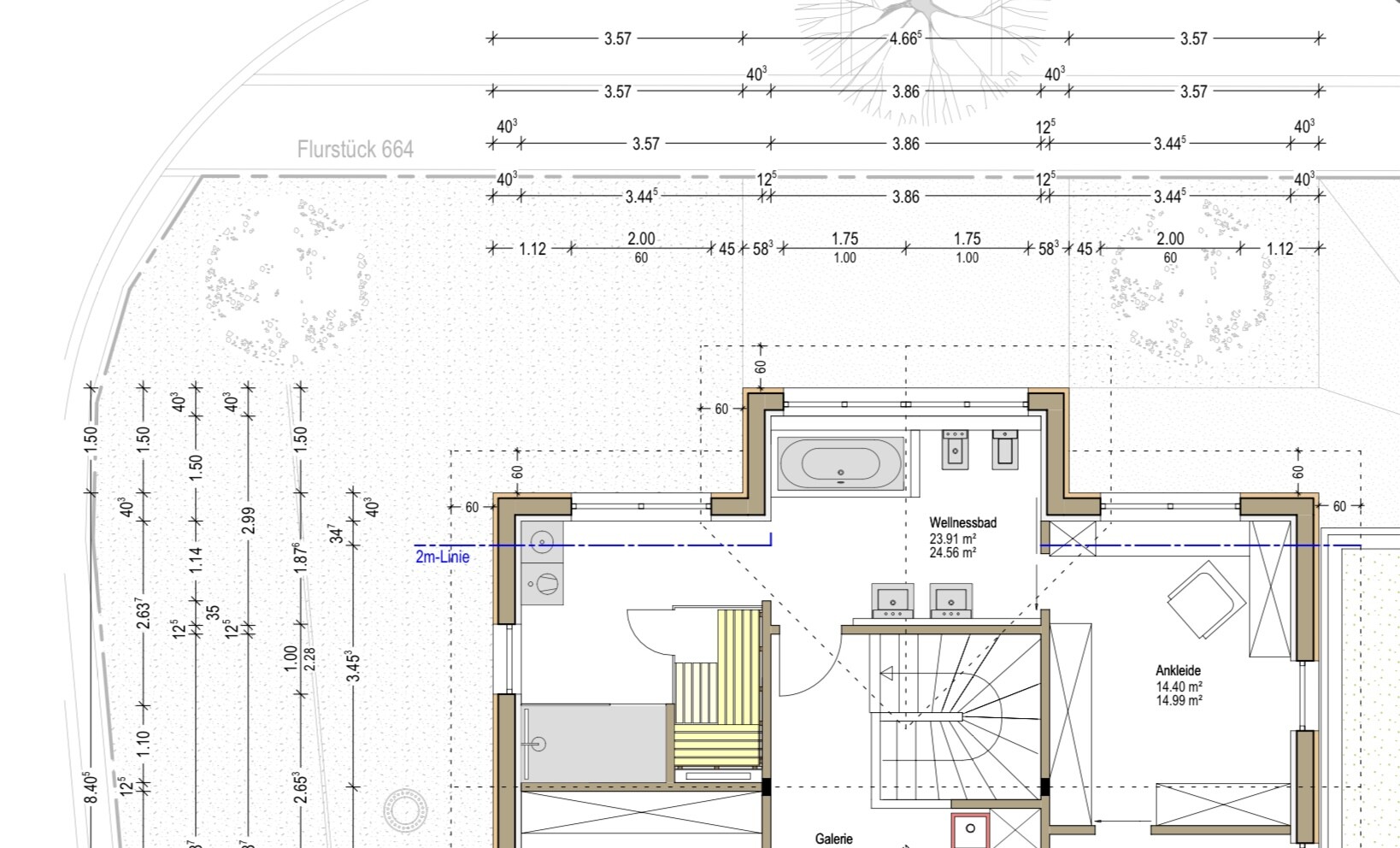 Grundriss eines Wohnhauses mit Wellnessbad, Ankleide, Galerie und Treppe; Maßlinien