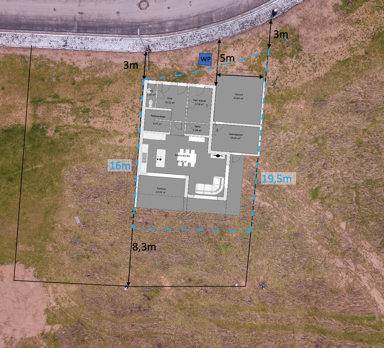 Aerial view of a house with floor plan, interior rooms, carport, terrace, and garden – exterior dimensions.