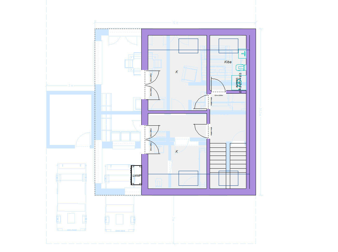 Architectural floor plan of a house with several rooms, staircase and building services