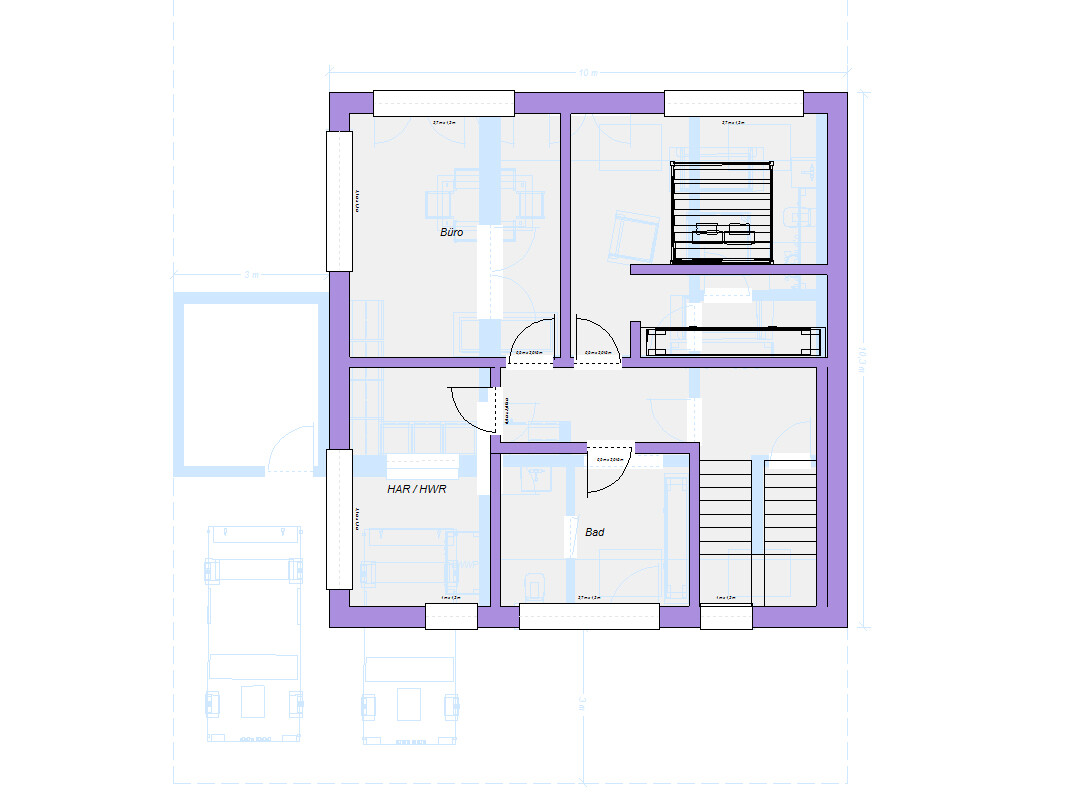 Floor plan of a house: office, utility/technical room, bathroom, bedroom; staircase; outdoor area with parking spaces