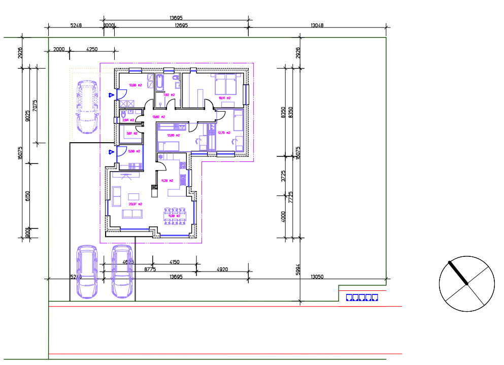 Ground plan of a house with garage (cars), interior layout and dimensions.