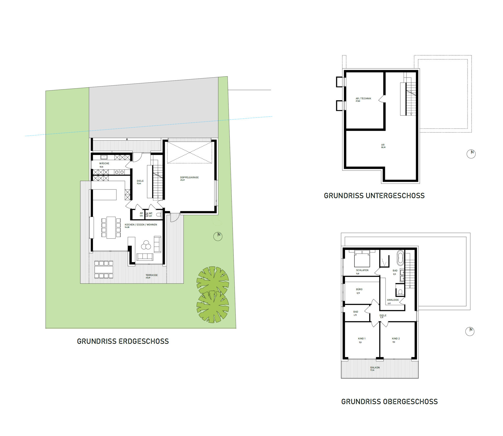 Architectural plan with three floor plans: ground floor, upper floor and basement with garden.