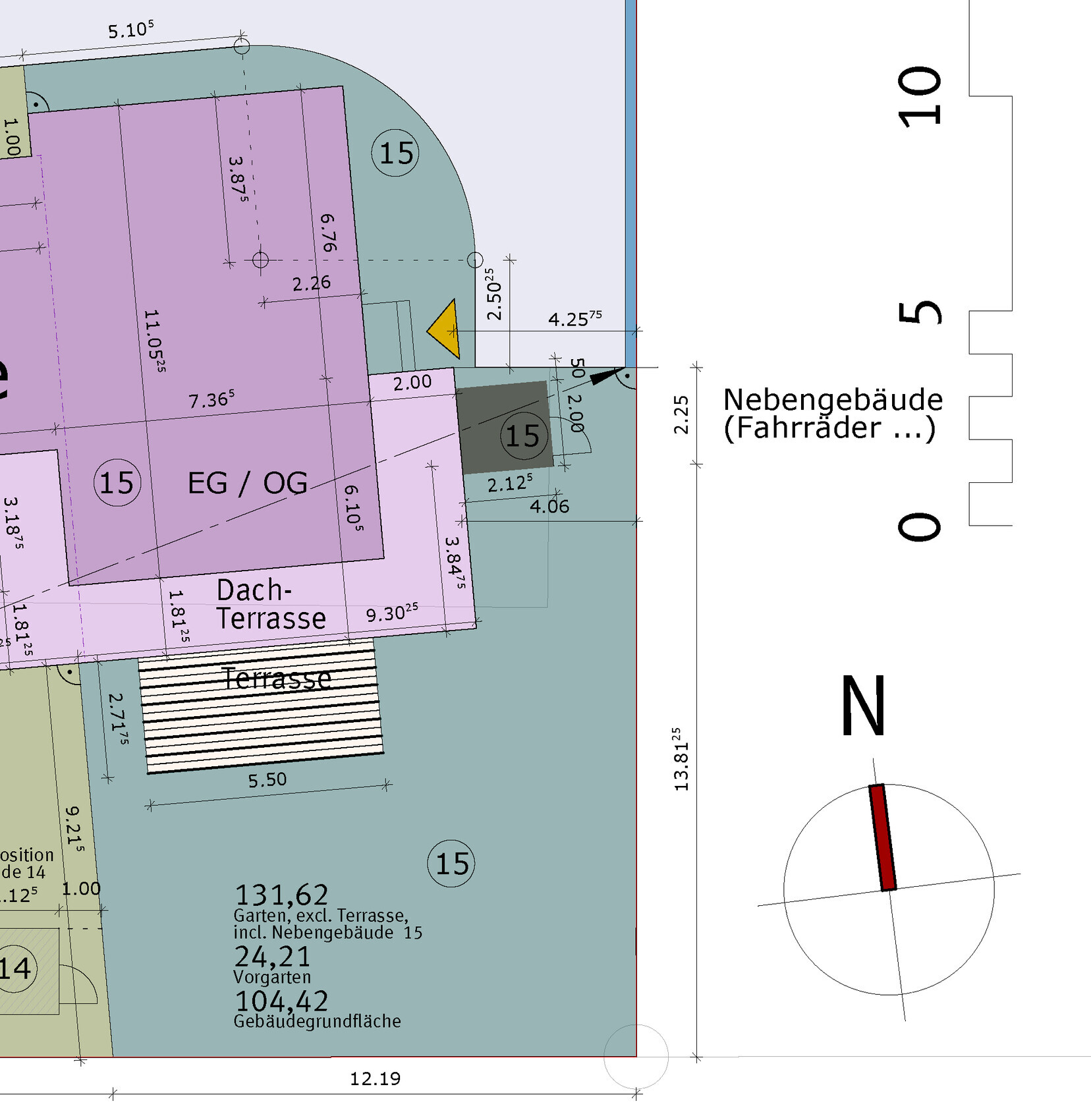 Floor plan: ground floor/upper floor, terrace, roof terrace, outbuilding, dimensions and north arrow.