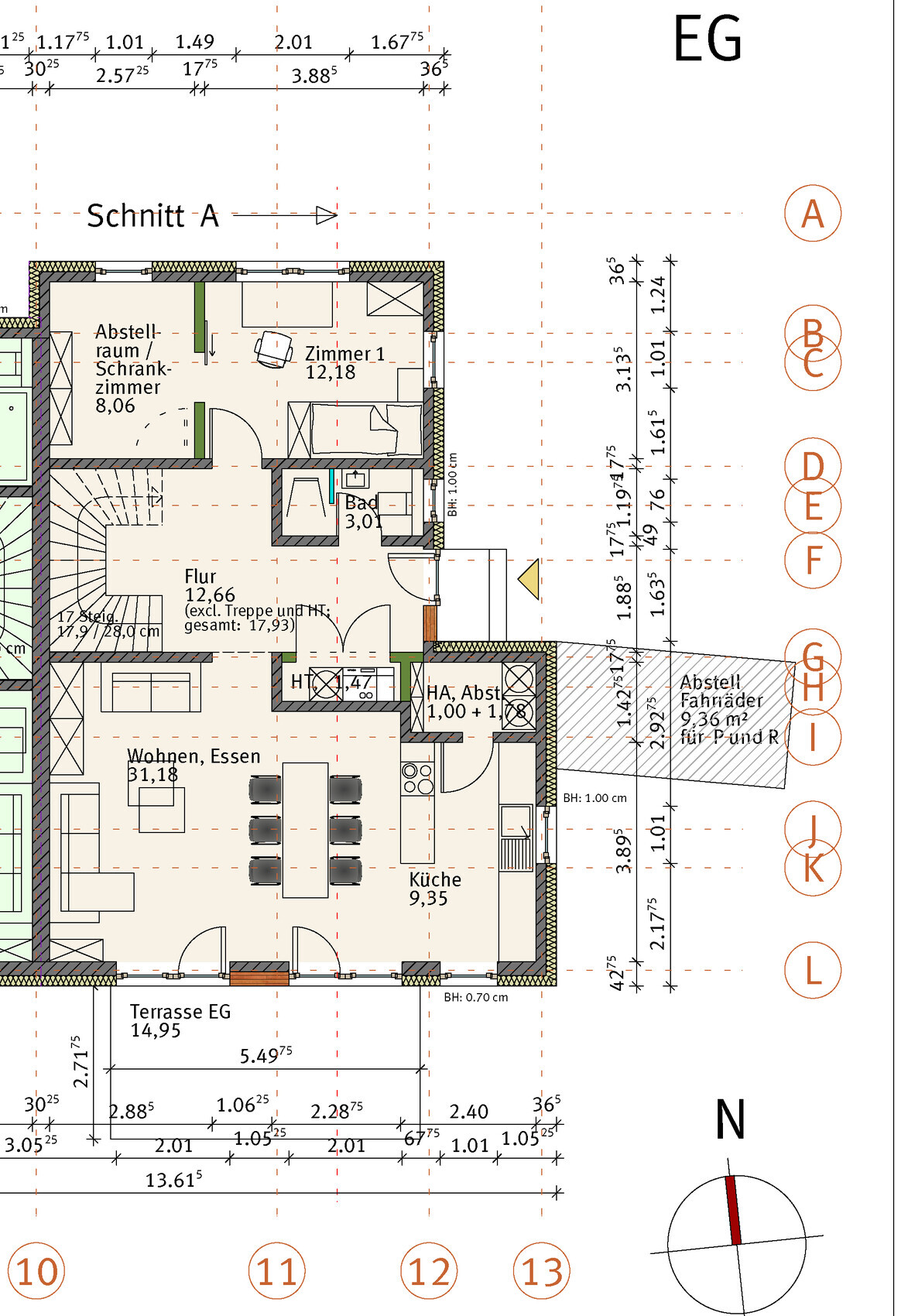 Ground floor plan with living/dining area, kitchen, terrace, hallway, bathroom, and storage rooms.