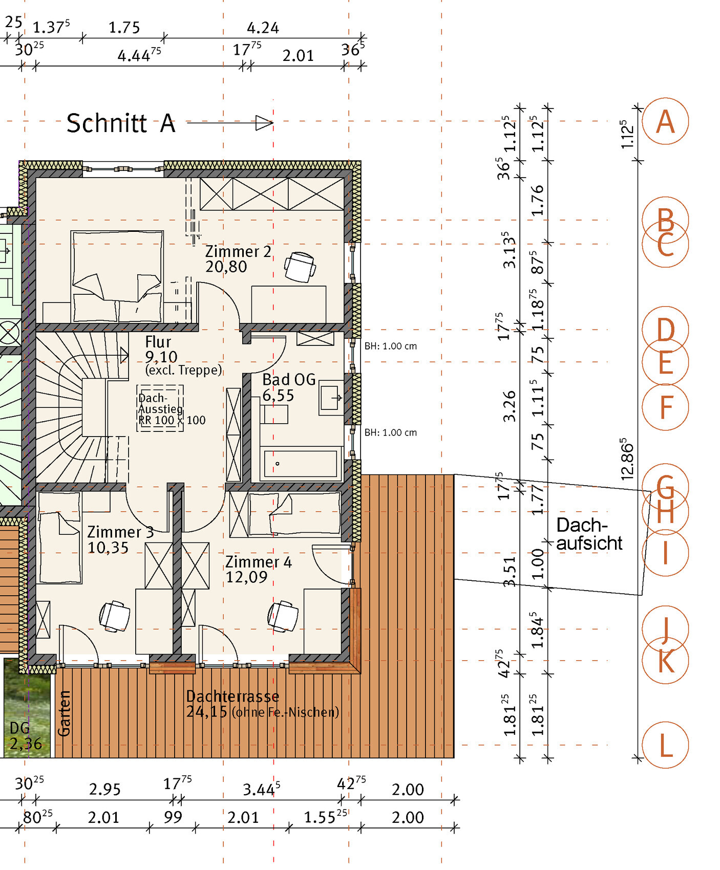 Upper floor plan with rooms 2–4, hallway, bathroom upper floor, and roof terrace.