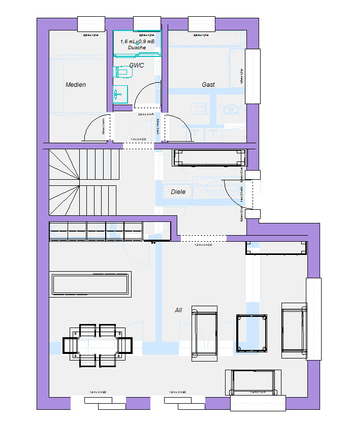 Floor plan of a house with hallway, stairs, bathroom, media and guest rooms, as well as living/dining area.