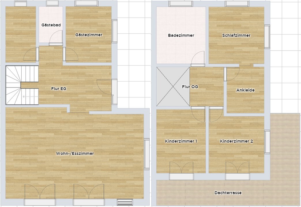 Floor plan: ground floor: living/dining room, guest bathroom, hallway; upper floor: bedroom, bathroom, roof terrace, children’s rooms 1/2