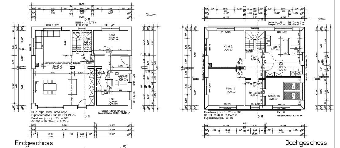 Floor plan of a house: ground floor with living room, kitchen; upper floor with bedrooms