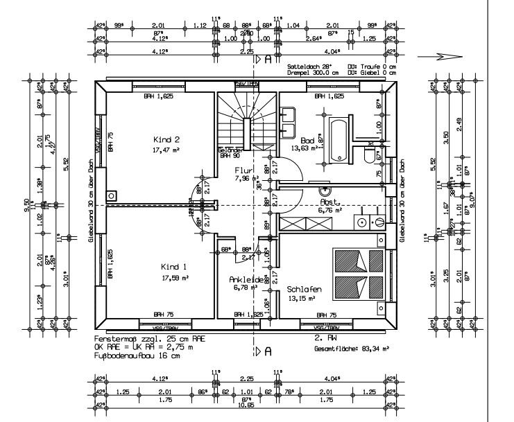 Upper floor plan: bedroom, child 1, child 2, dressing room, hallway, bathroom, stairs.