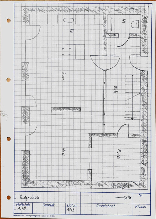 Floor plan of a house: kitchen with island, living room, hallway, bathroom, WC, staircase on the right.