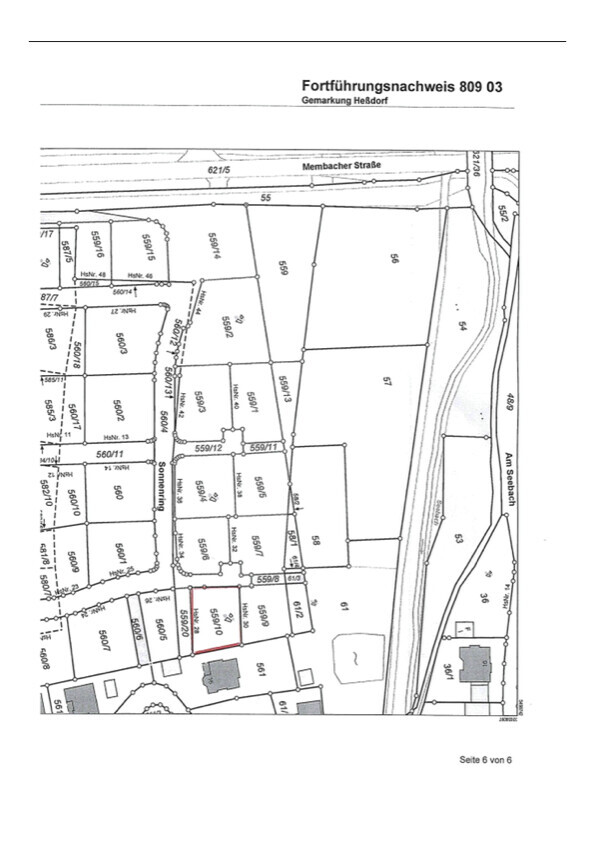 Site plan of a plot with red marking at the bottom of the image; continuation certificate 809 03 Heßdorf.