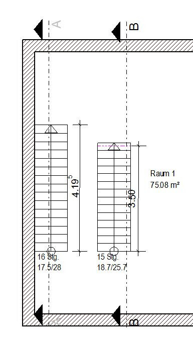 Floor plan of room 1 with two staircases, exterior wall, and axes A/B.