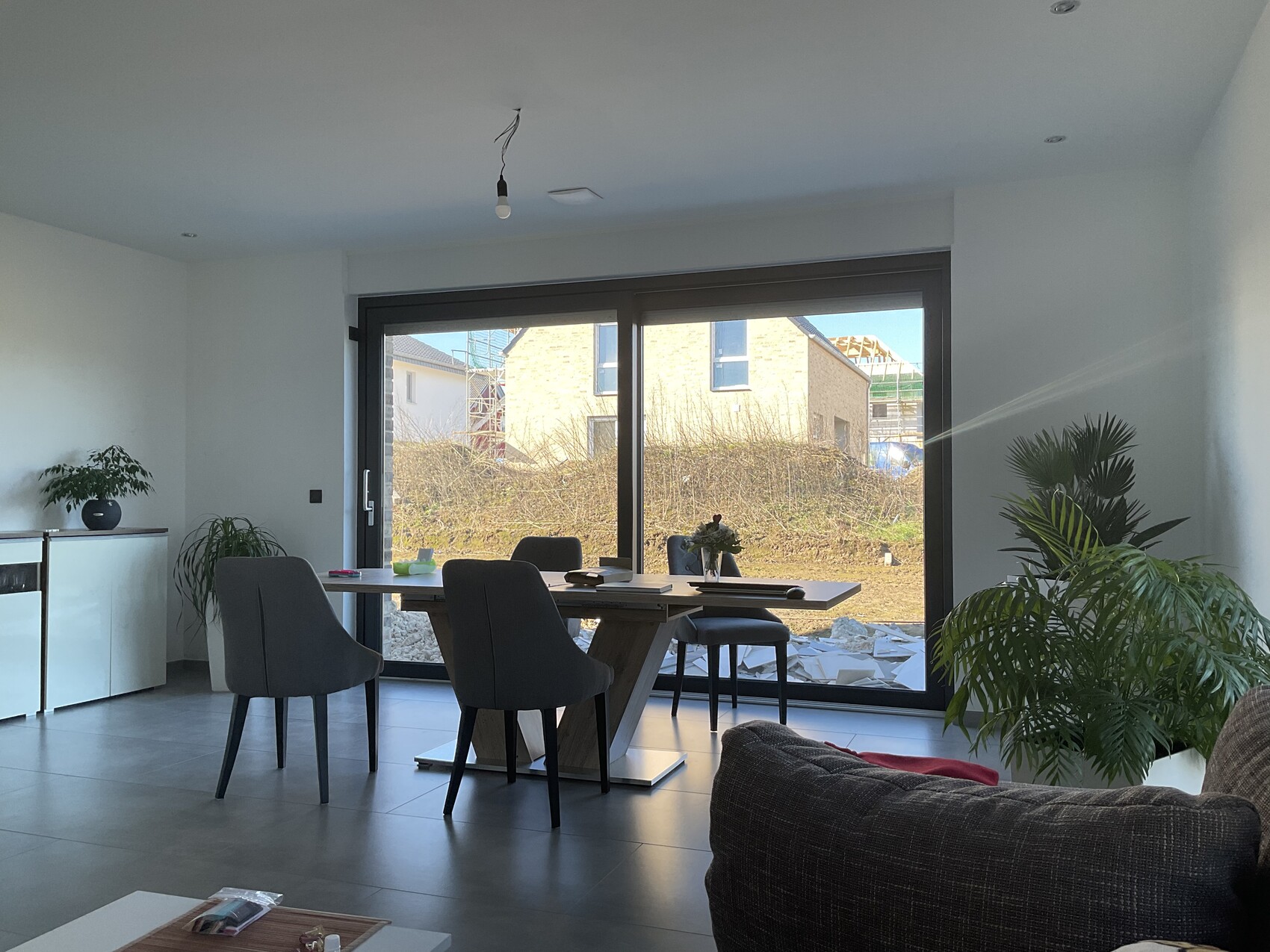 Modern dining room with large glass sliding door, dining table, gray chairs, and houseplants.