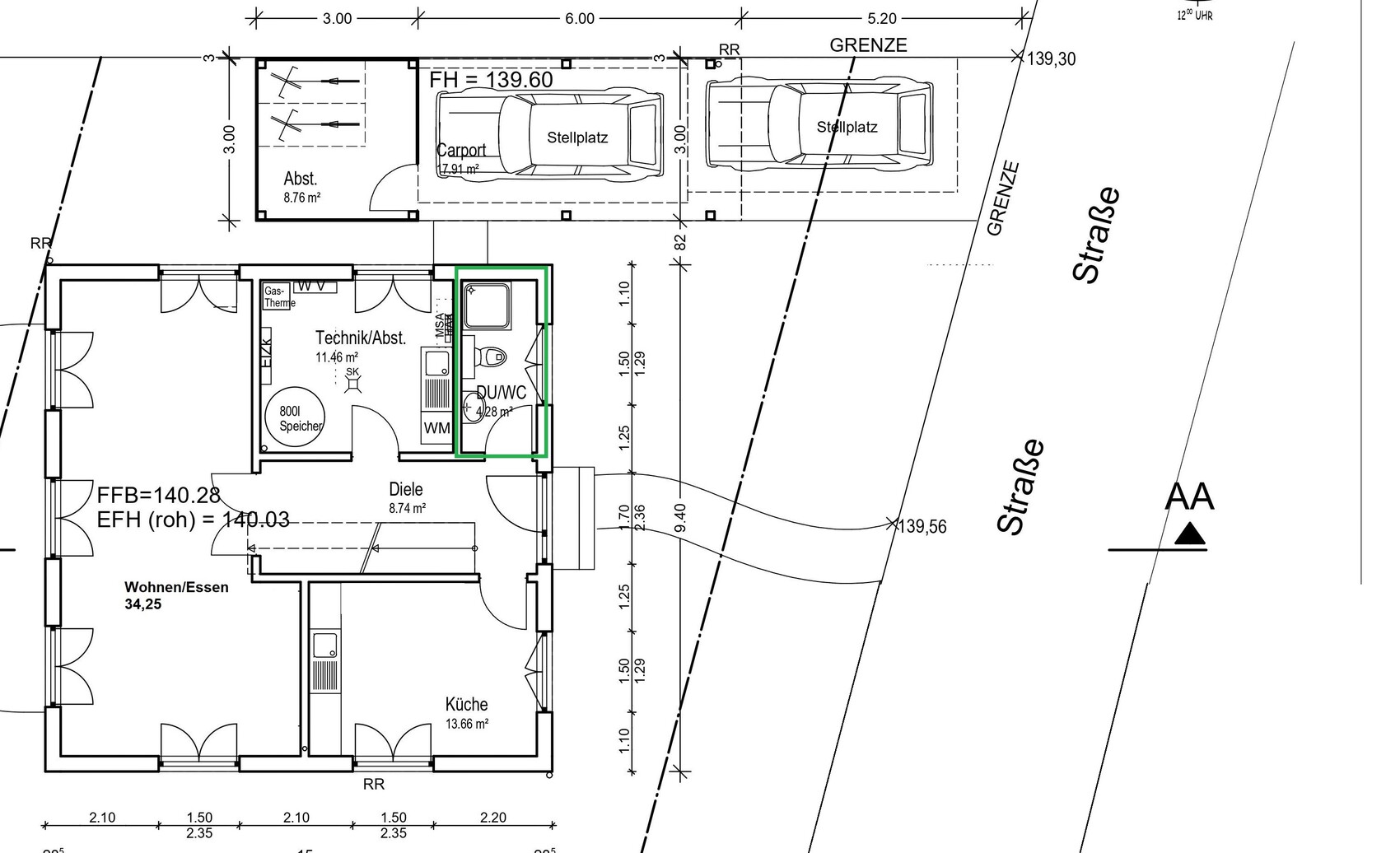 Grundriss eines Hauses: Wohnen/Essen, Küche, Diele, Technik/Abst., DU/WC, Carport und Stellplätze.