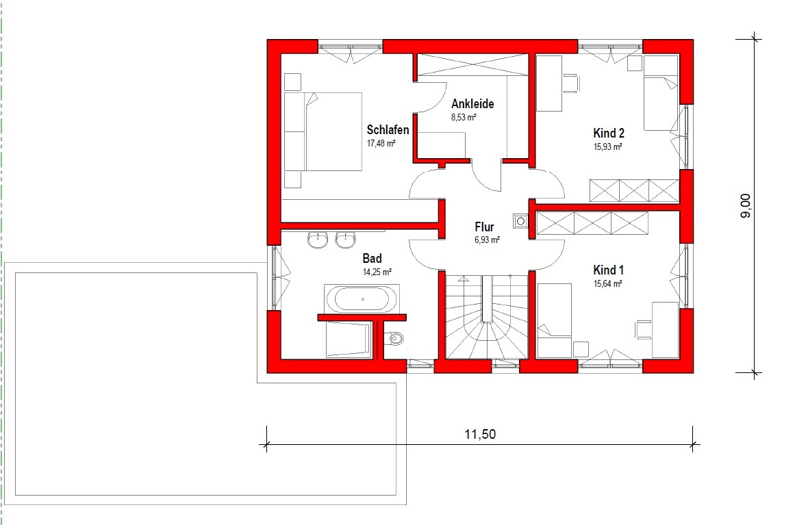 Floor plan of an upper floor: bedroom, dressing room, bathroom, hallway, two children's rooms, stairs